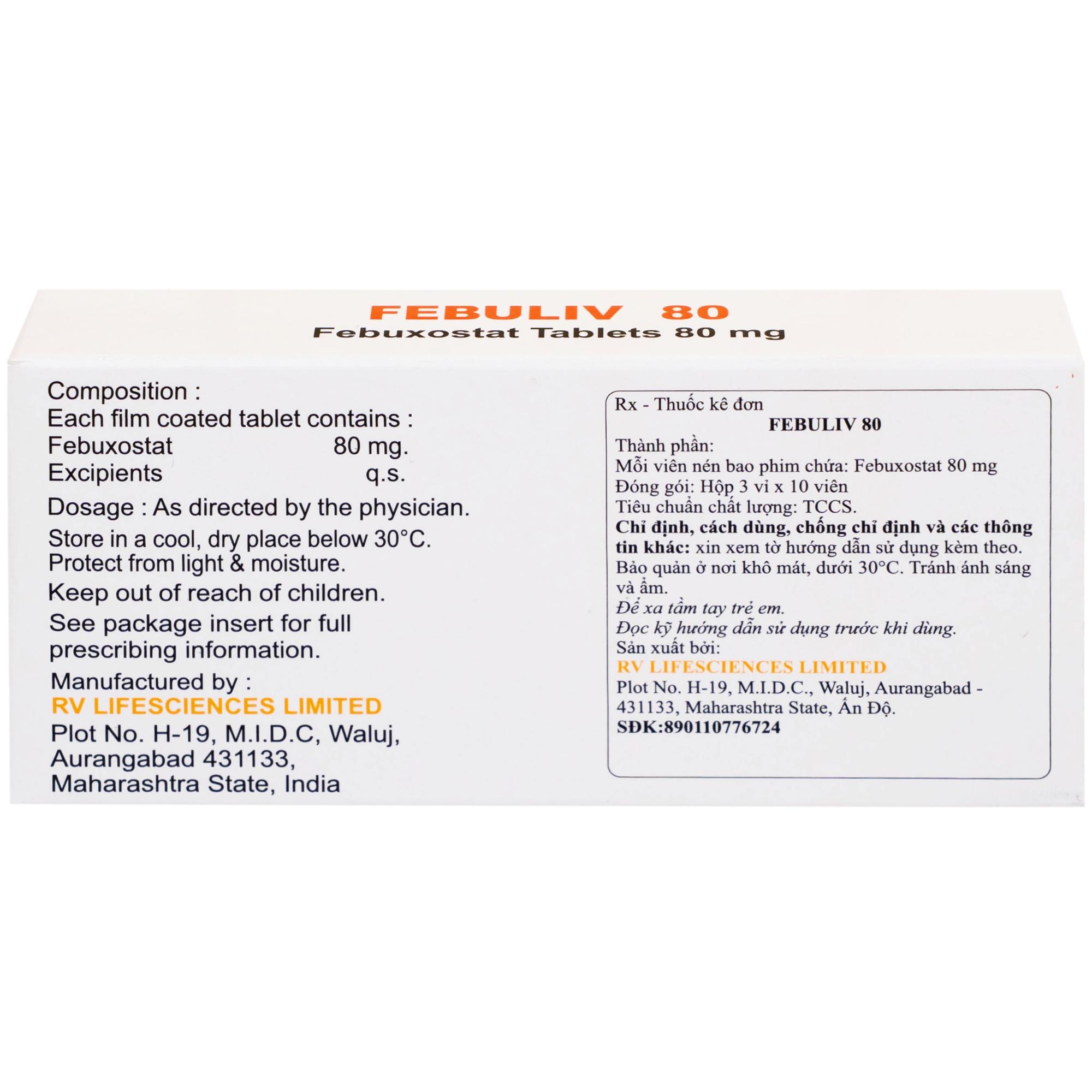 Thuốc Febuliv 80mg RV điều trị tăng acid uric huyết mạn tính (3 vỉ x 10 viên)