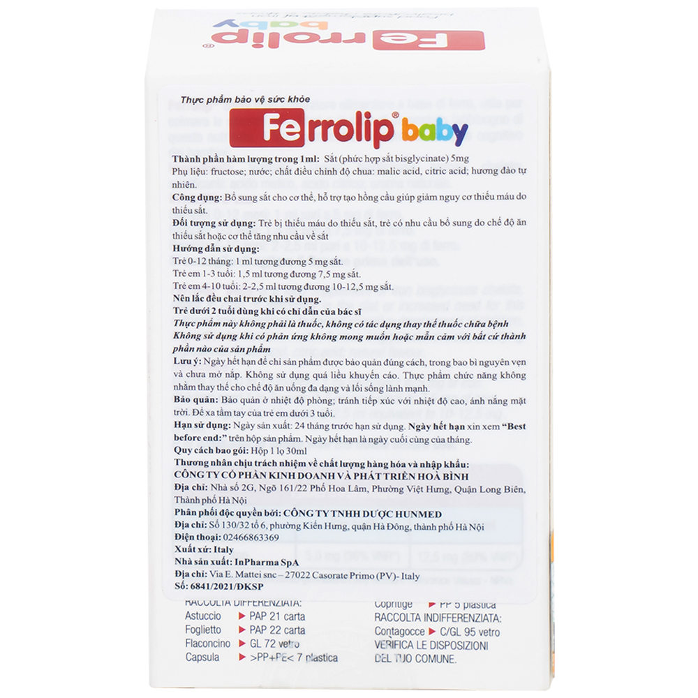 Dung dịch giúp giảm nguy cơ thiếu máu do thiếu sắt Ferrolip Baby InPharma SpA (30ml)