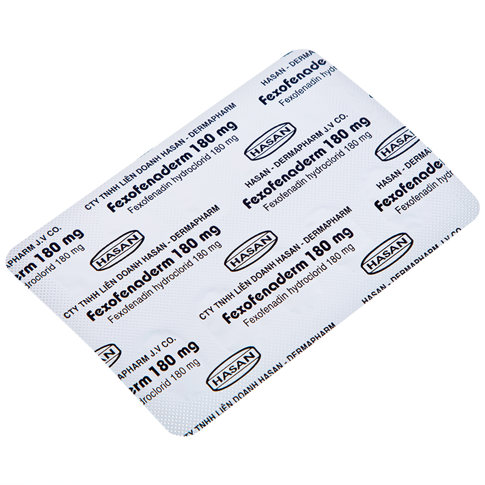 Thuốc Fexofenaderm 180mg Hasan điều trị viêm mũi dị ứng theo mùa, mày đay mạn tính vô căn (10 vỉ x 10 viên)