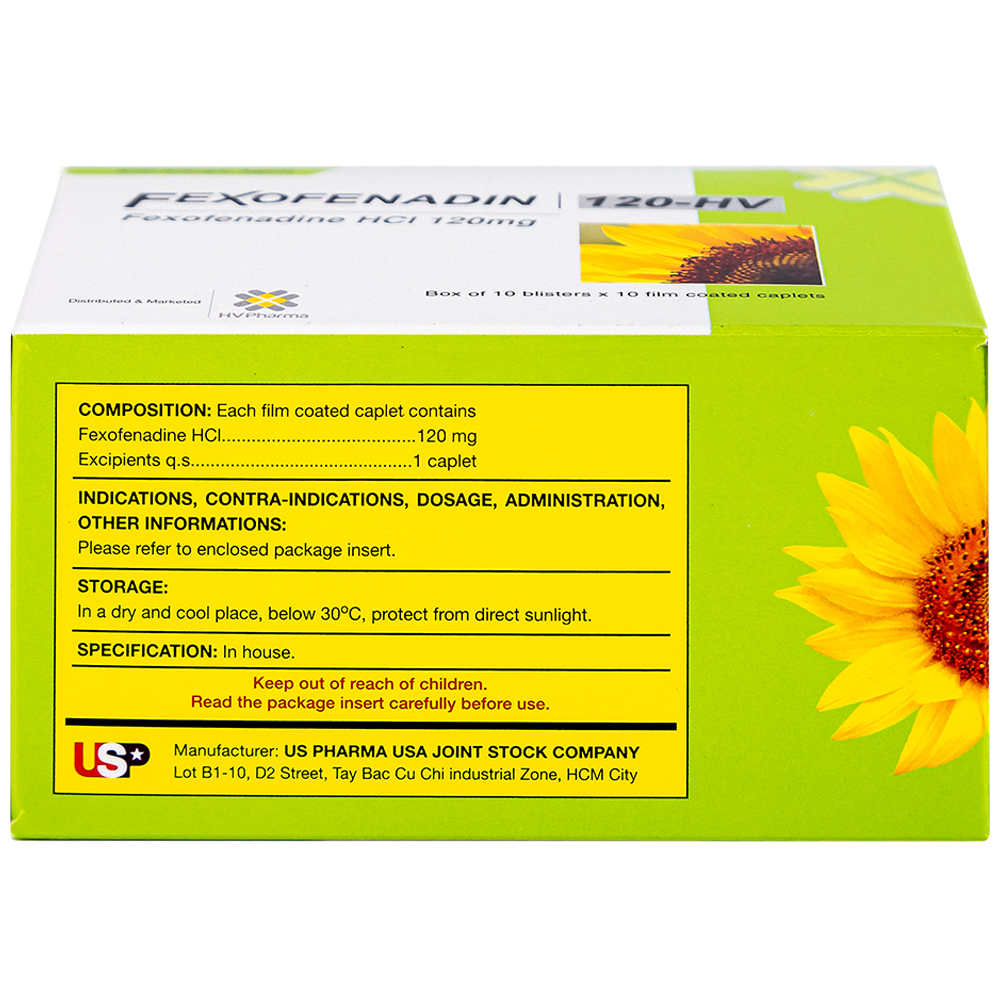 Thuốc Fexofenadin 120-HV USP điều trị viêm mũi dị ứng theo mùa, mày đay mạn tính vô căn (10 vỉ x 10 viên)