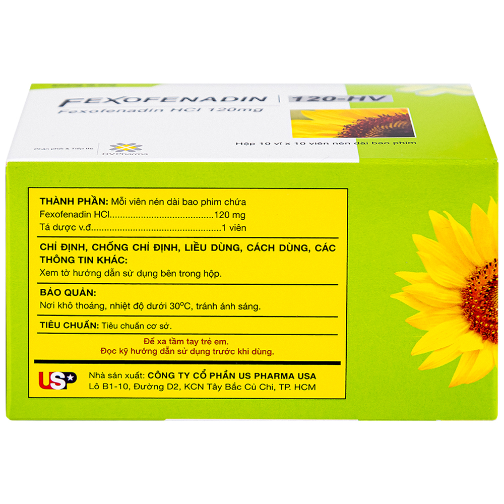 Thuốc Fexofenadin 120-HV USP điều trị viêm mũi dị ứng theo mùa, mày đay mạn tính vô căn (10 vỉ x 10 viên)