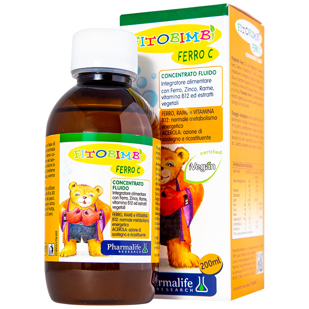Siro hỗ trợ giảm nguy cơ thiếu máu do thiếu sắt Fitobimbi Ferro C (200ml)