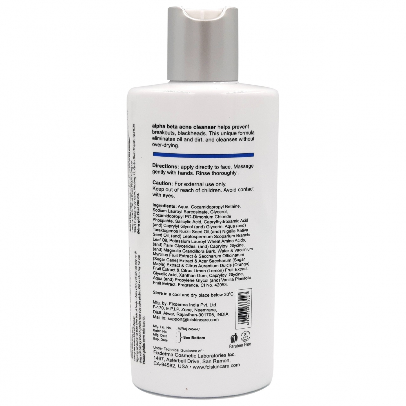 Sữa rửa mặt làm giảm mụn Fixderma FCL Alpha-Beta Acne Cleanser (200ml)
