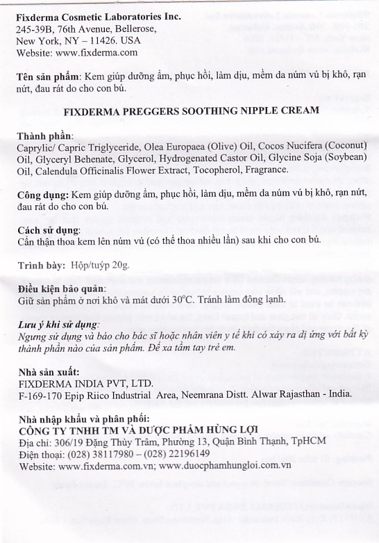 Kem bôi dưỡng ẩm, giảm nứt núm vú Fixderma Preggers Soothing Nipple cream 20g