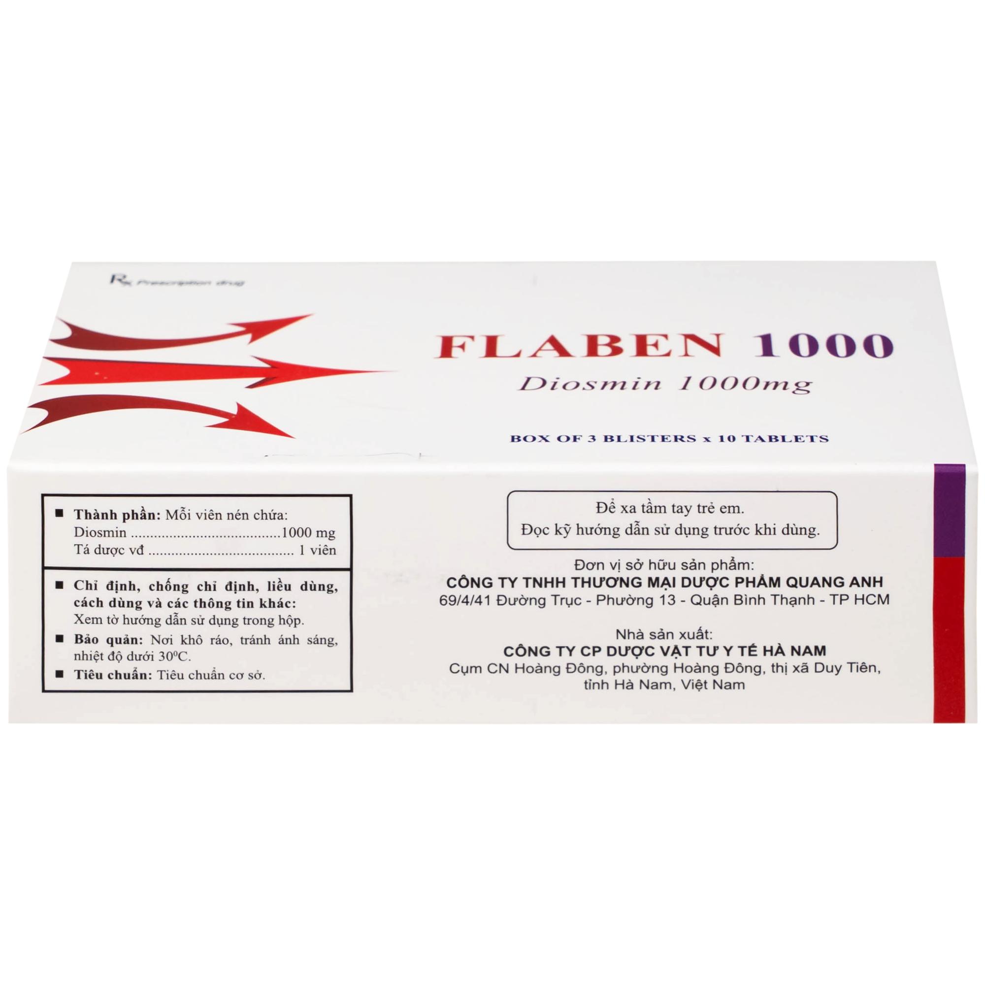 Thuốc Flaben 1000 Hà Nam điều trị các dấu hiệu và triệu chứng của suy tuần hoàn tĩnh mạch mãn tính (3 vỉ x 10 viên)