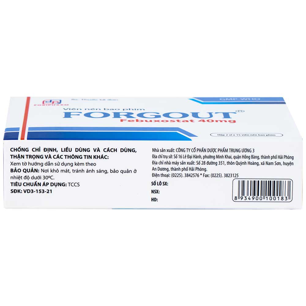Thuốc Forgout 40mg TW3 điều trị tăng acid uric mạn tính, viêm khớp do gout (2 vỉ x 15 viên)