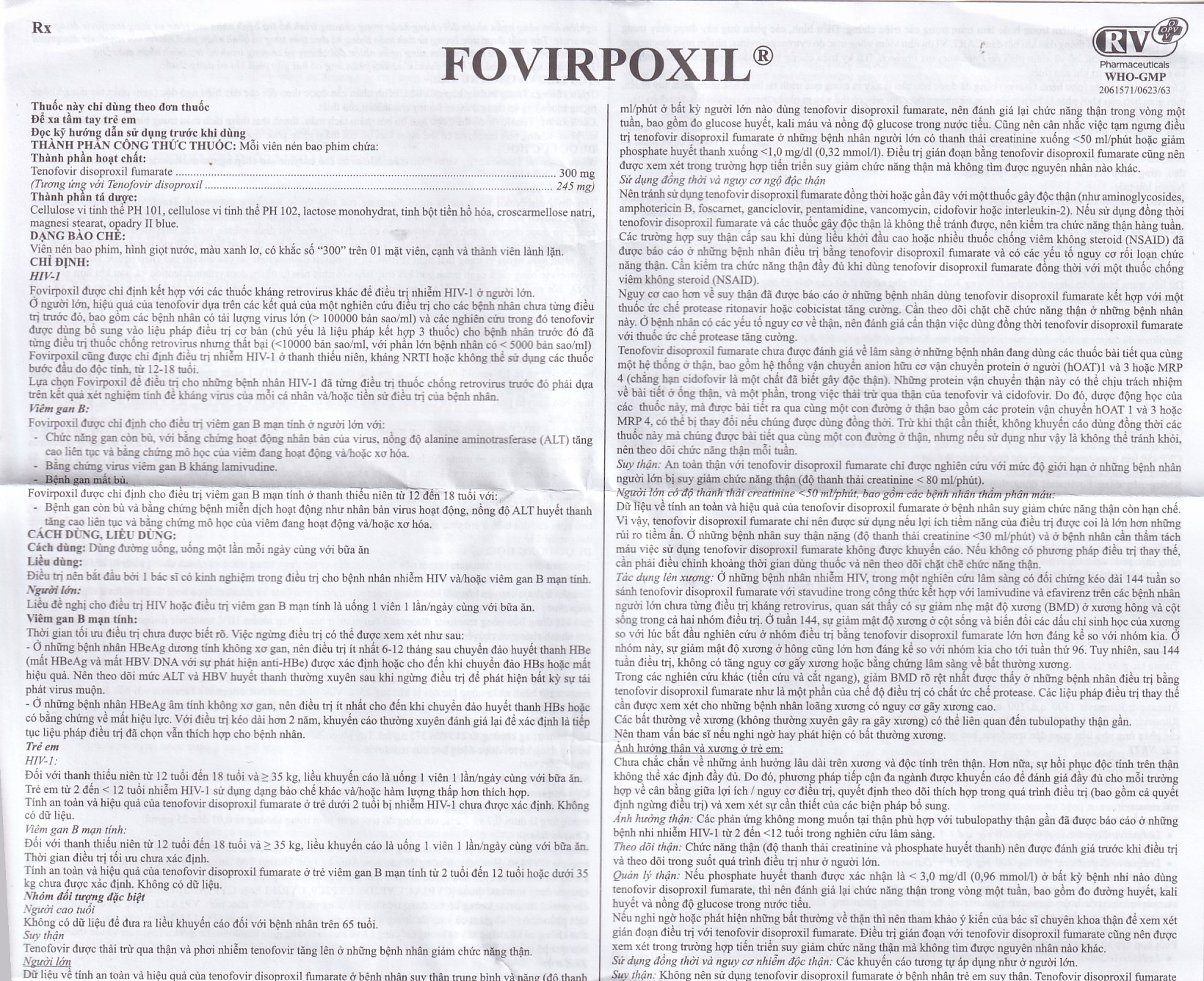Thuốc Fovirpoxil 300mg OPV điều trị viêm gan B mạn tính và HIV-1 ở người lớn (3 vỉ x 10 viên)