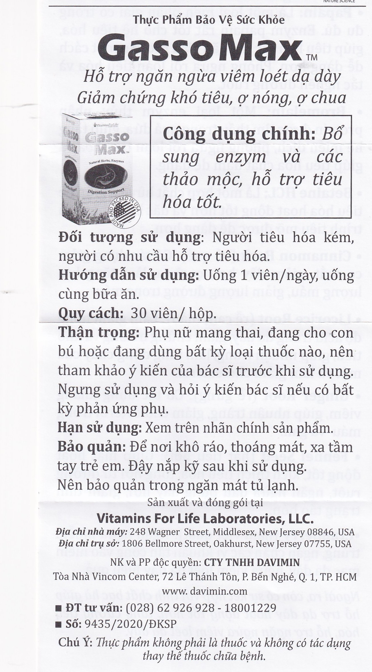 Viên uống bổ sung enzyme và các thảo mộc hỗ trợ tiêu hóa tốt Gasso Max Vitamins For Life (30 viên)