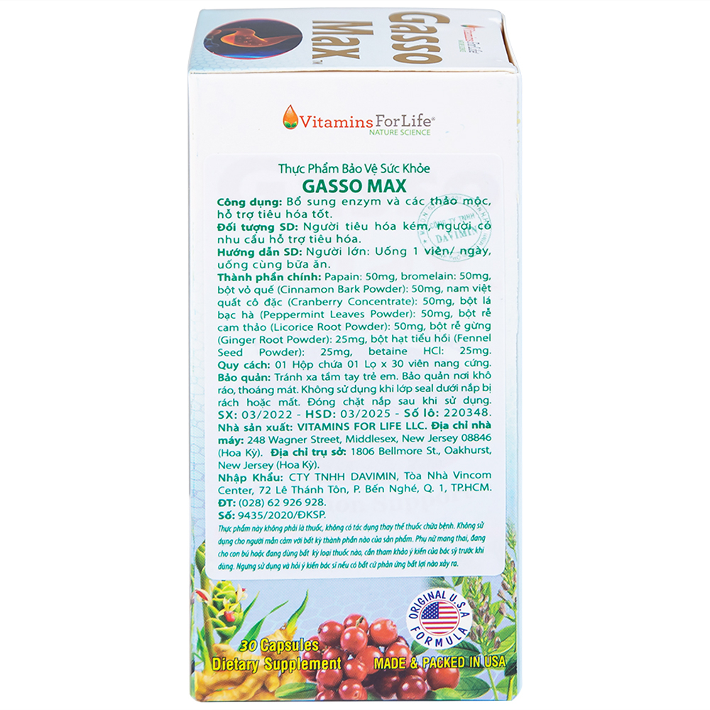 Viên uống bổ sung enzyme và các thảo mộc hỗ trợ tiêu hóa tốt Gasso Max Vitamins For Life (30 viên)
