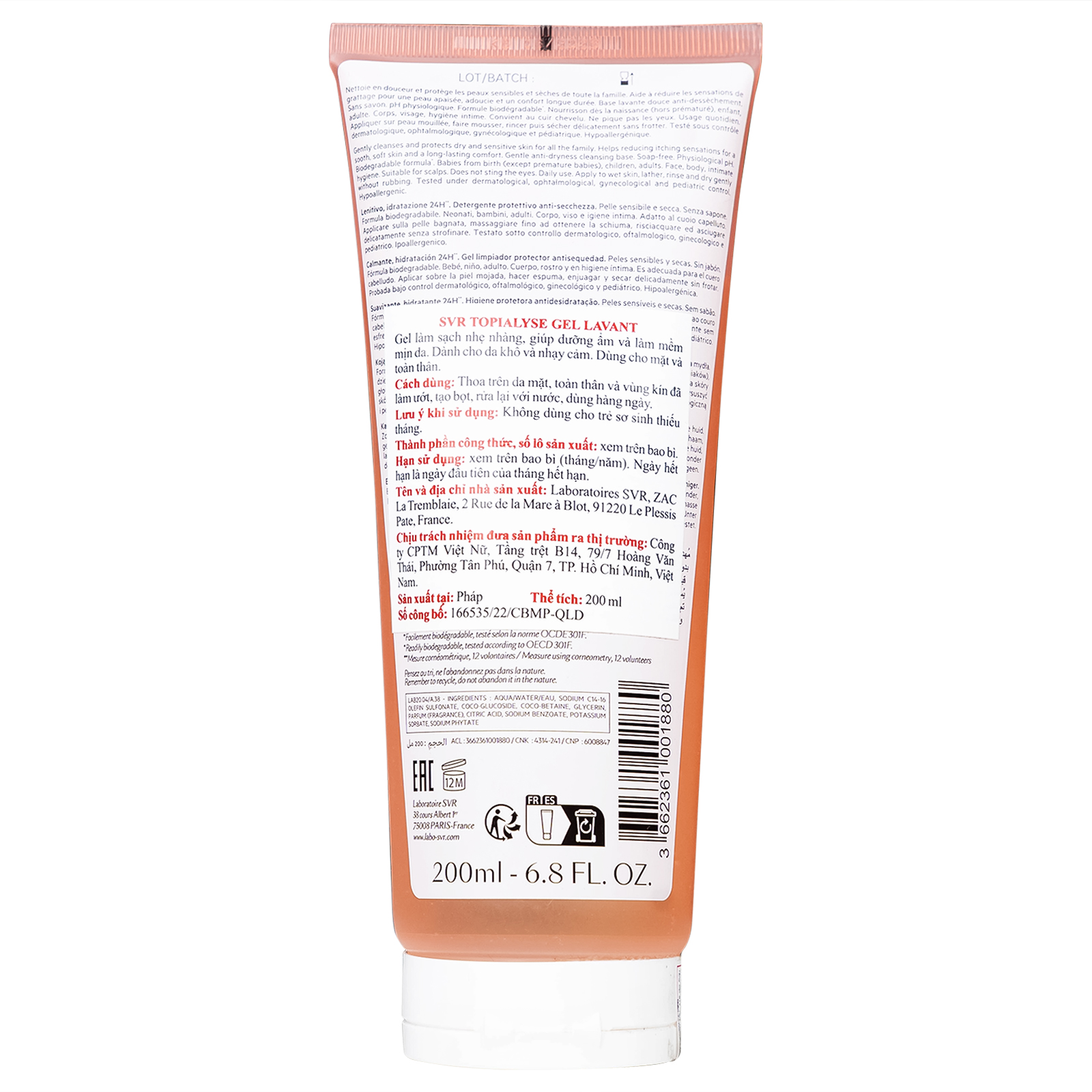 Gel rửa mặt dưỡng ẩm dành cho da khô và da nhạy cảm SVR Topialyse Gel Lavant 200ml