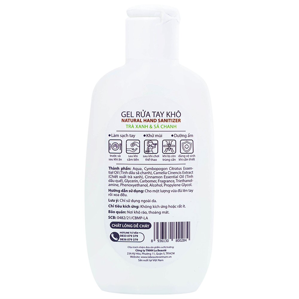 Gel rửa tay khô Natural Hand Sanitizer trà xanh và sả chanh làm sạch tay, khử mùi, dưỡng ẩm (120ml)