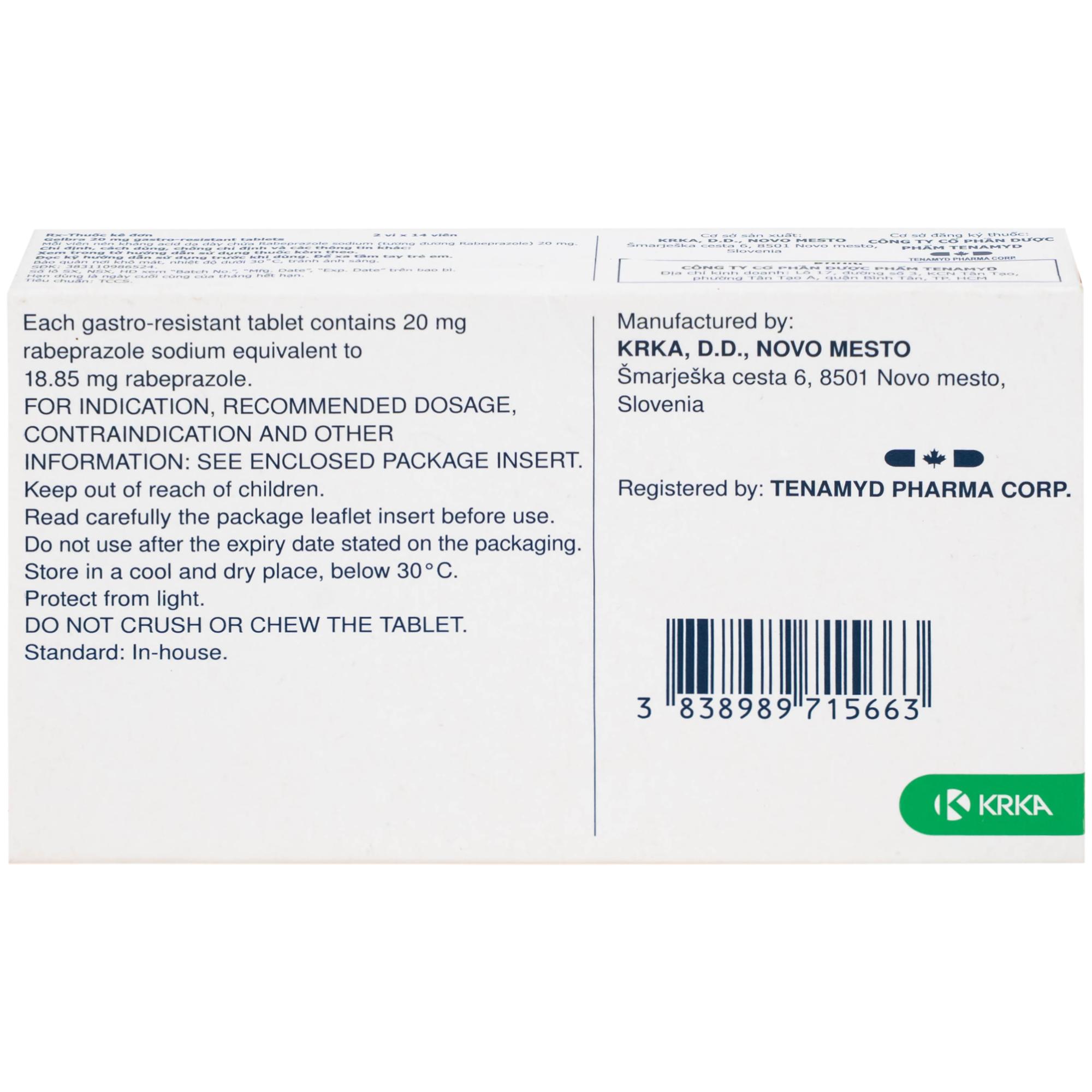 Thuốc Gelbra 20mg KRKA điều trị các bệnh về dạ dày-tá tràng và trào ngược (2 vỉ x 14 viên)