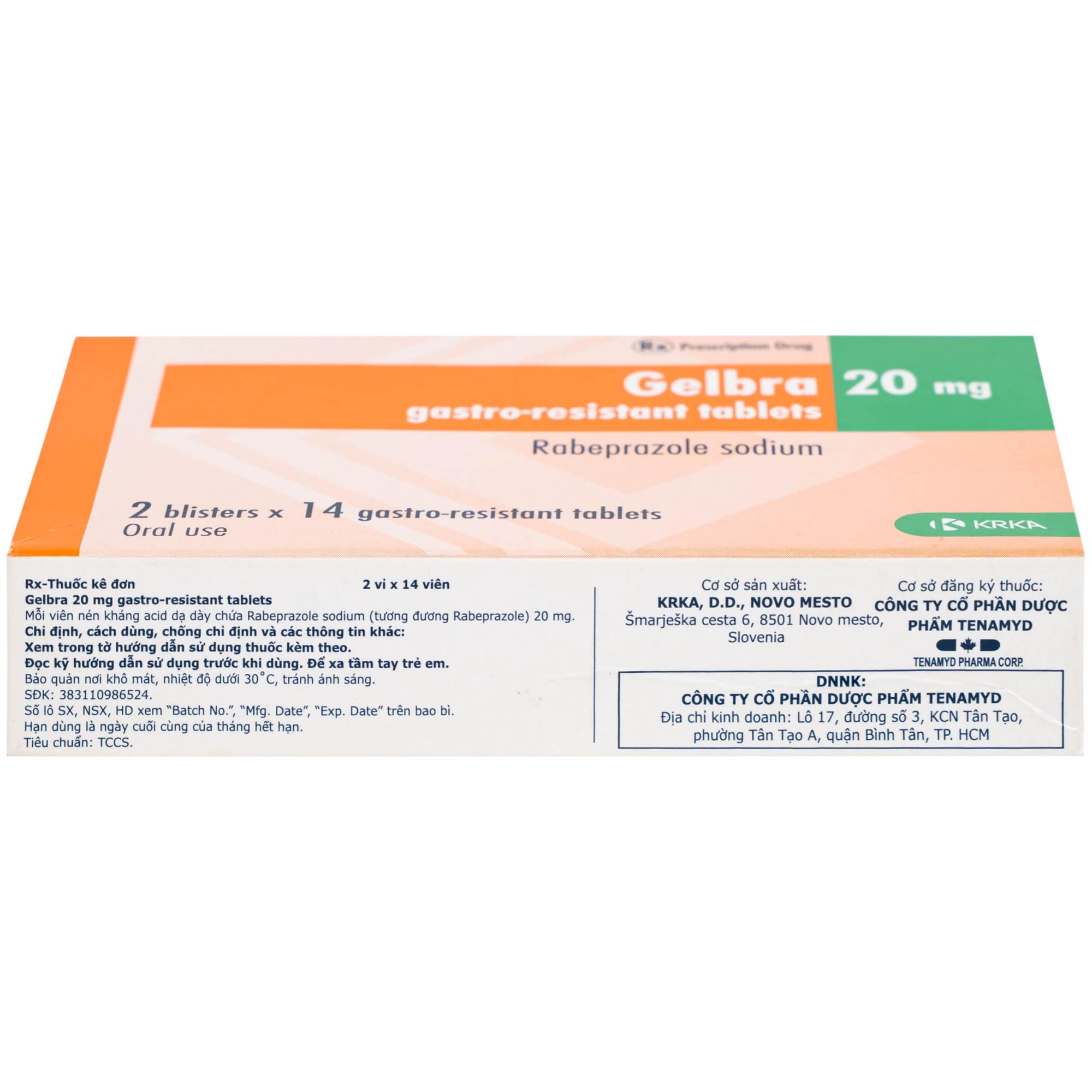 Thuốc Gelbra 20mg KRKA điều trị các bệnh về dạ dày-tá tràng và trào ngược (2 vỉ x 14 viên)
