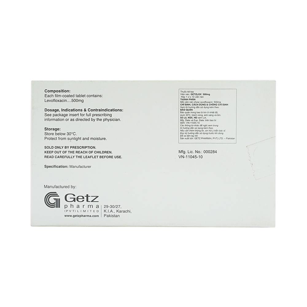 Thuốc Getzlox 500mg Getz điều trị nhiễm khuẩn (1 vỉ x 10 viên)