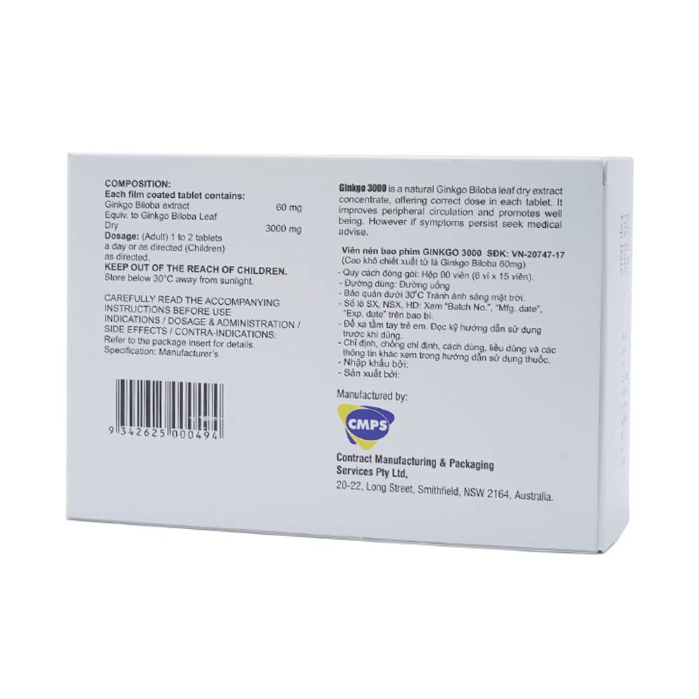 Thuốc Ginkgo 3000 CMPS điều trị suy giảm tuần hoàn máu (6 vỉ x 15 viên)
