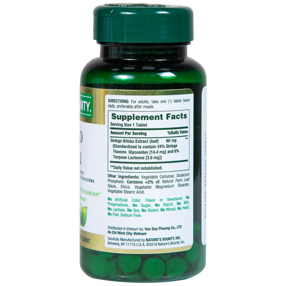 Viên uống hỗ trợ tăng cường tuần hoàn não Ginkgo Biloba 60mg Nature's Bounty (60 viên)