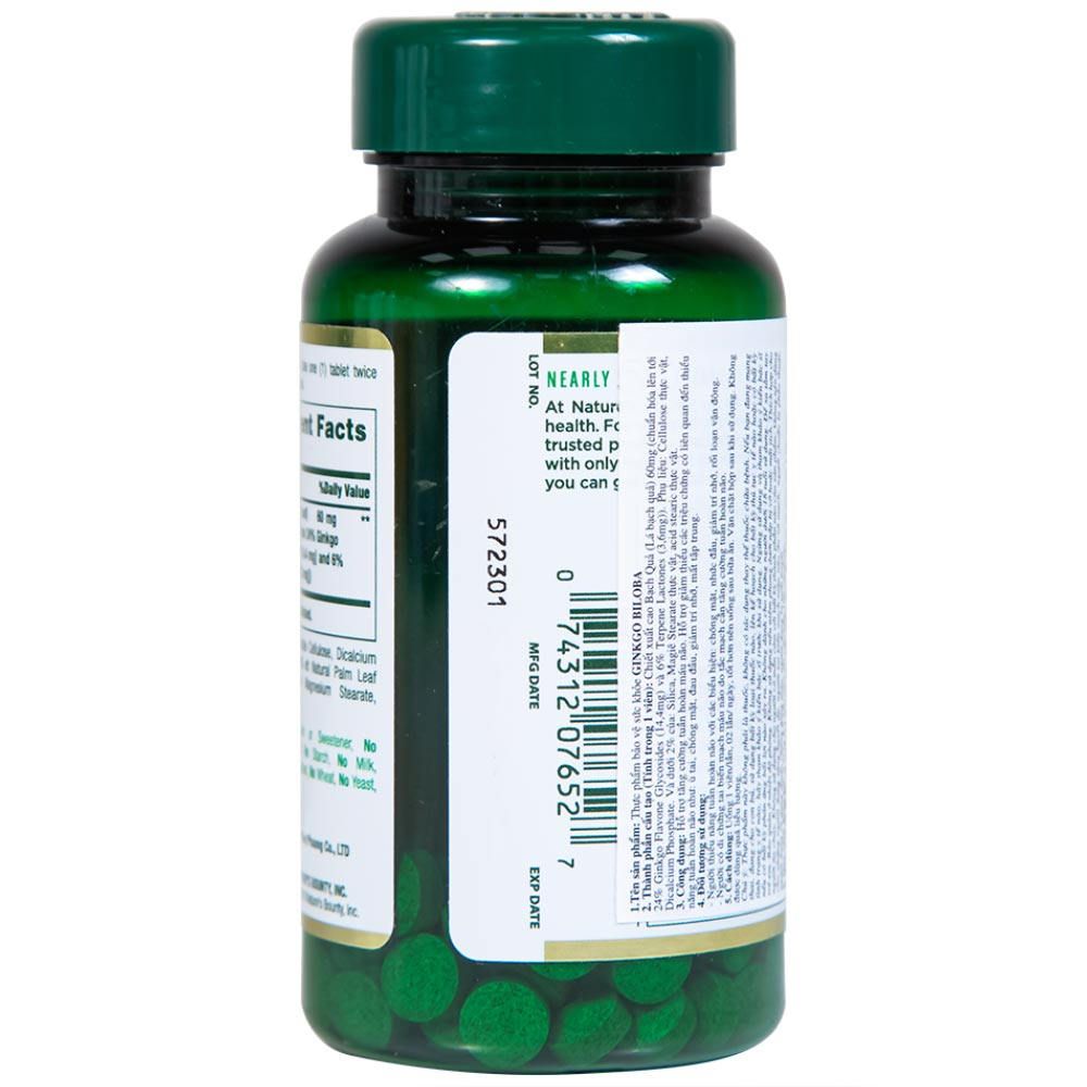 Viên uống hỗ trợ tăng cường tuần hoàn não Ginkgo Biloba 60mg Nature's Bounty (60 viên)