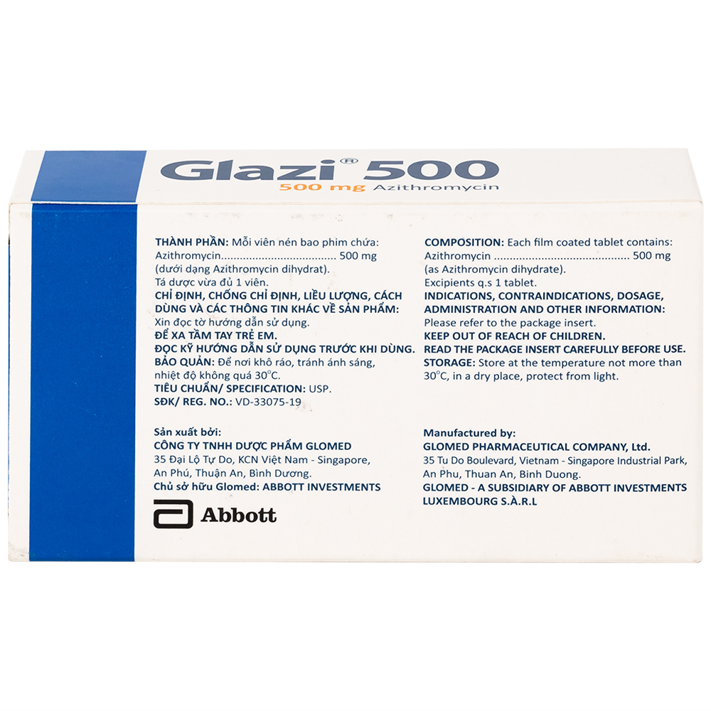 Thuốc Glazi 500 Abbott điều trị viêm xoang cấp, viêm tai giữa cấp, viêm họng, viêm amidan (2 vỉ x 3 viên) 