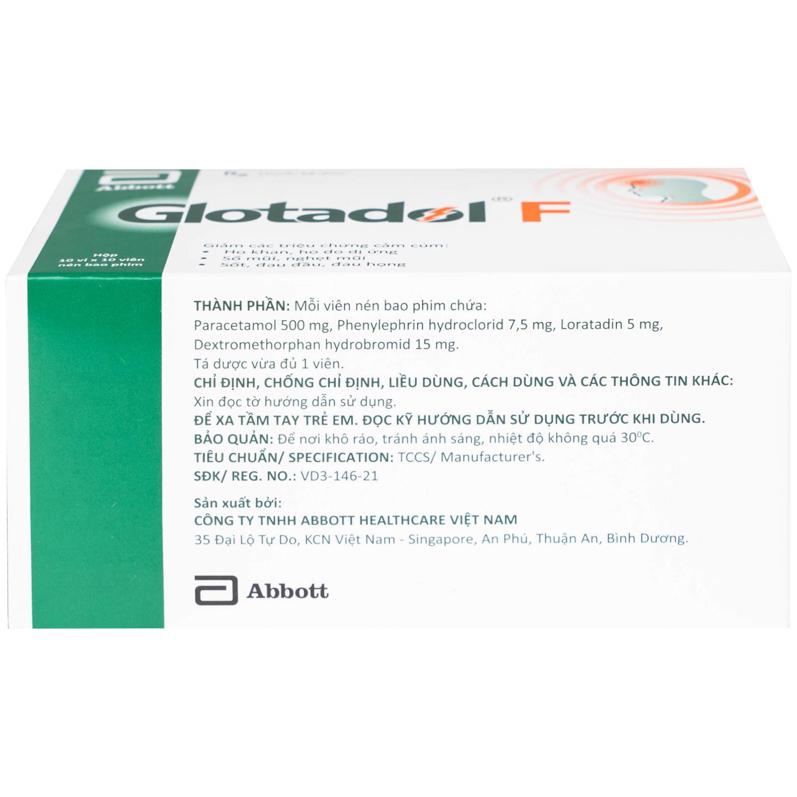 Thuốc Glotadol F Glomed hỗ trợ giảm nhanh các triệu chứng do cảm cúm, cảm lạnh (10 vỉ x 10 viên)