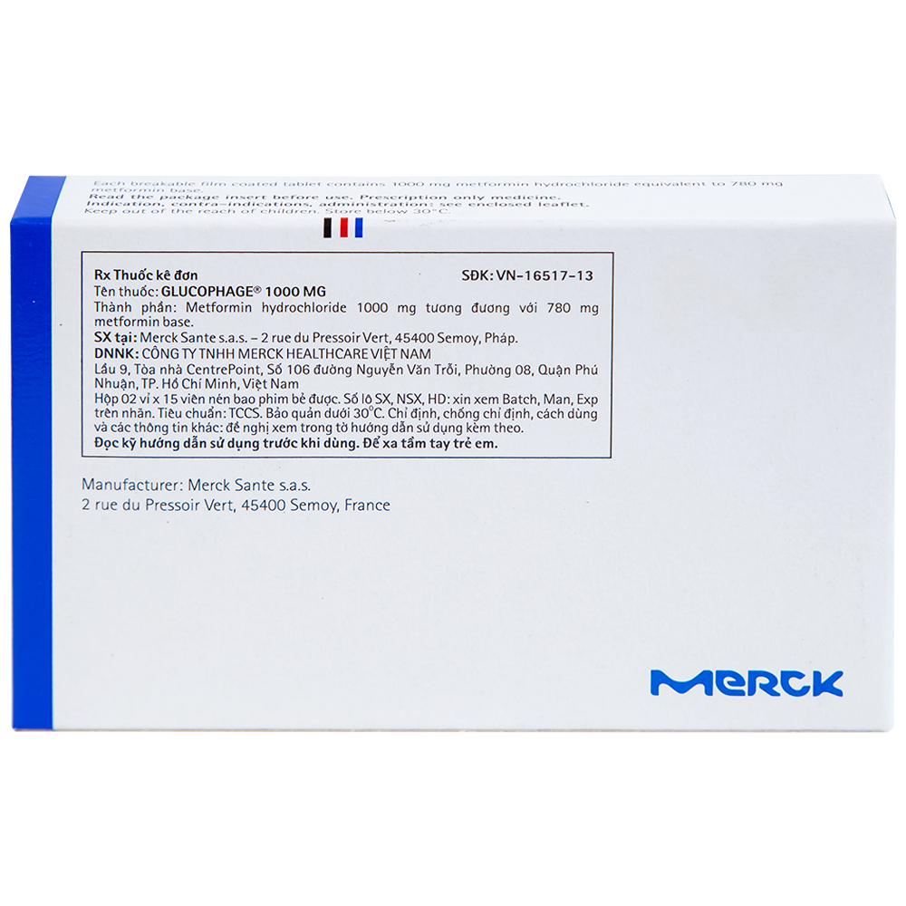 Thuốc Glucophage 1000mg Merck điều trị đái tháo đường típ 2 (2 vỉ x 15 viên)