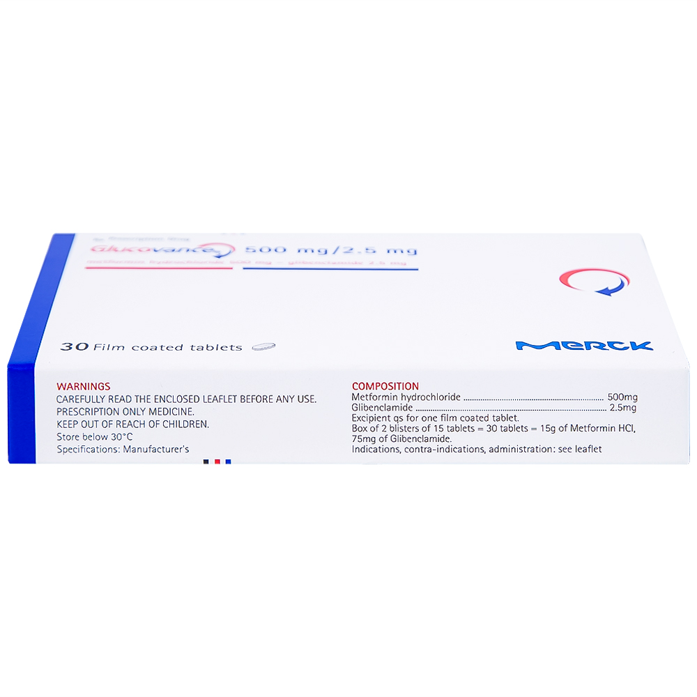 Thuốc Glucovance 500mg/2.5 mg Merck điều trị tiểu đường típ 2 (2 vỉ x 15 viên)