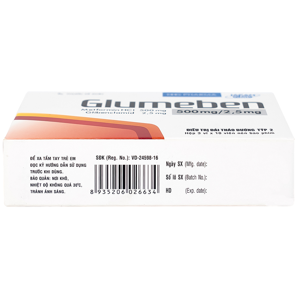 Thuốc Glumeben 500mg/2,5mg DHG điều trị đái tháo đường típ 2 (3 vỉ x 10 viên)