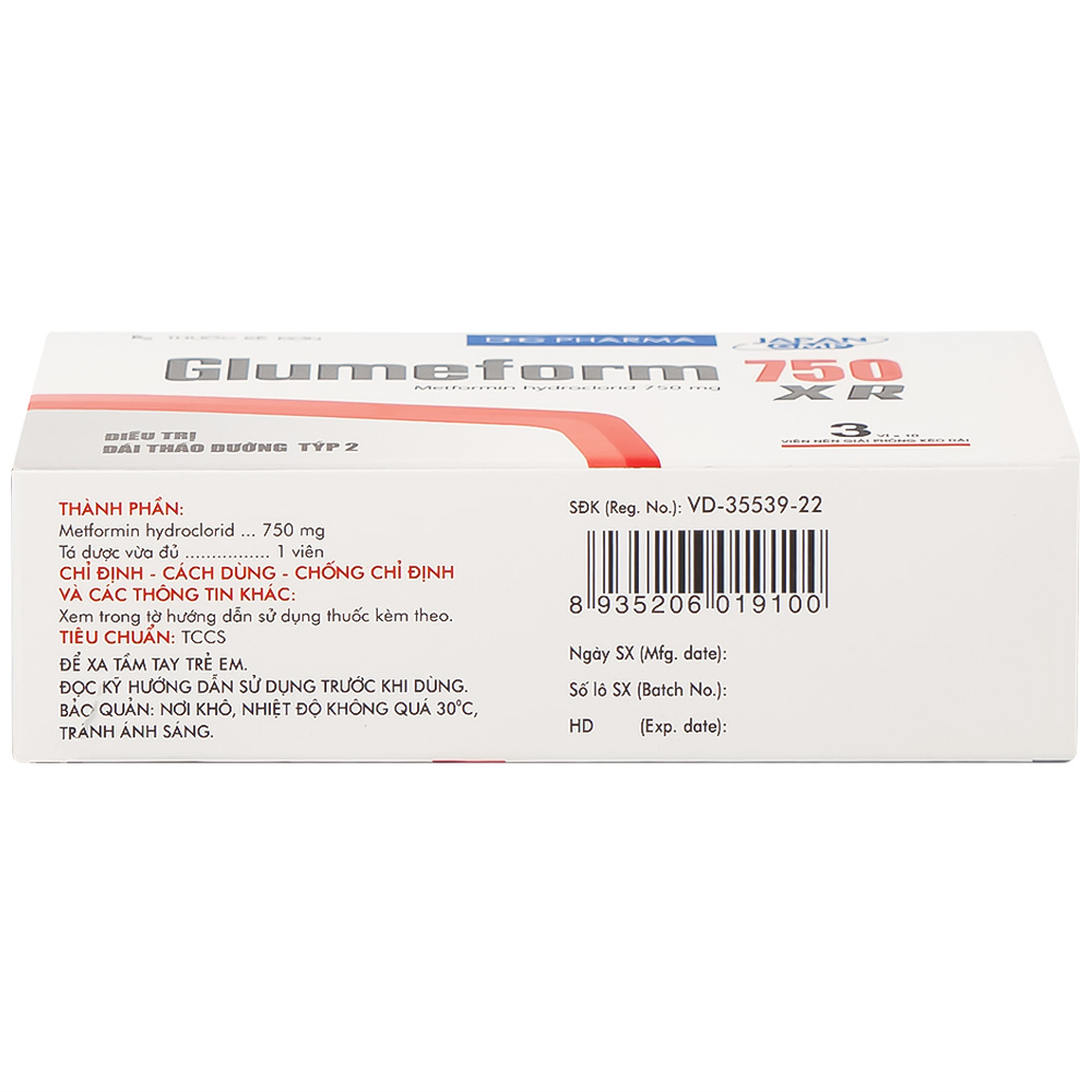 Thuốc Glumeform 750 XR DHG điều trị đái tháo đường típ 2 (3 vỉ x 10 viên)