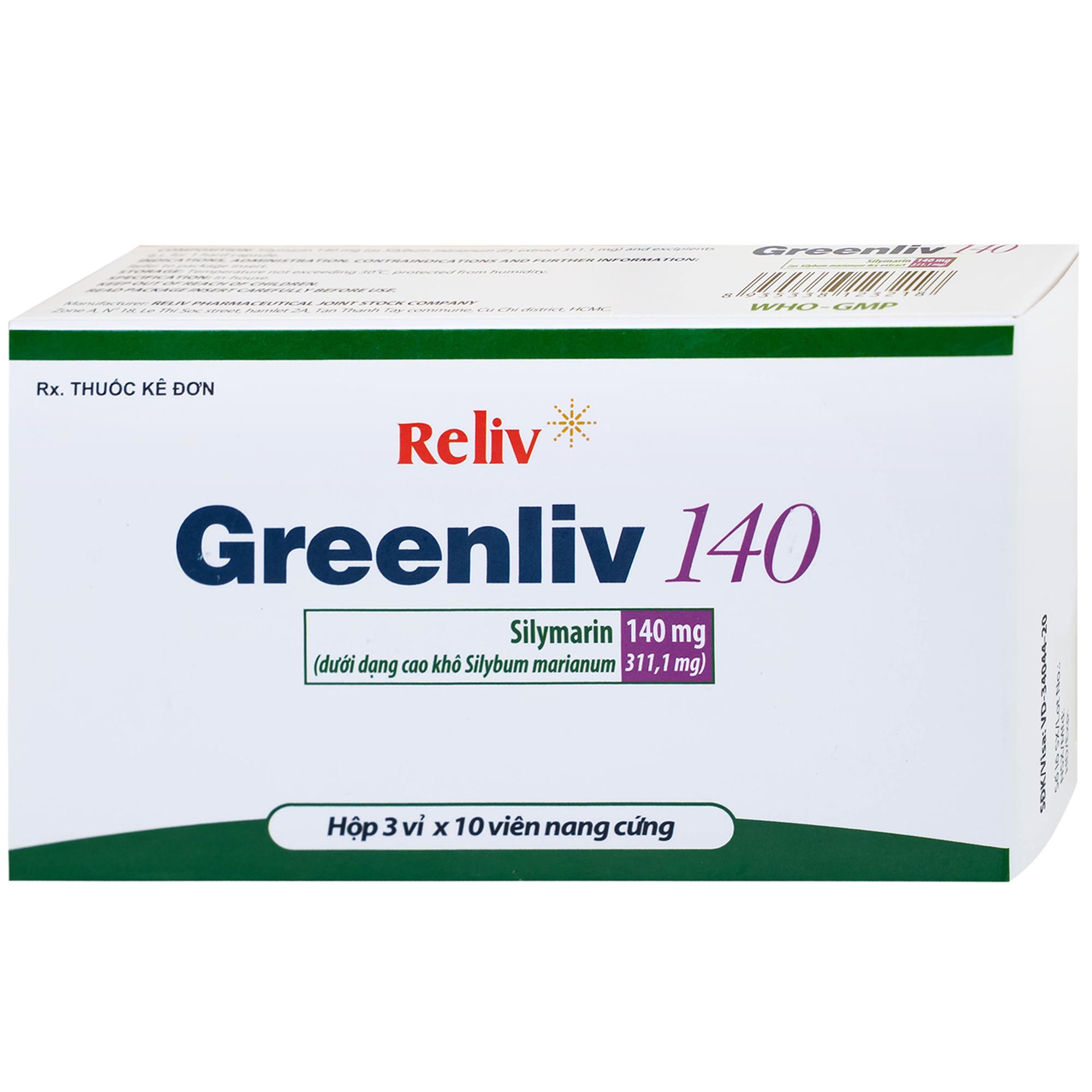 Thuốc Greenliv 140mg Reliv điều trị rối loạn tiêu hóa trong các bệnh về gan, viêm gan cấp và mãn tính (3 vỉ x 10 viên)