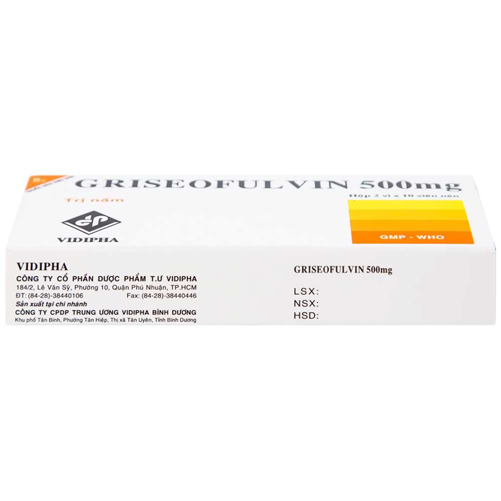Thuốc Griseofulvin 500mg Vidipha điều trị các bệnh nấm da, tóc, lông, móng tay, móng chân (2 vỉ x 10 viên)