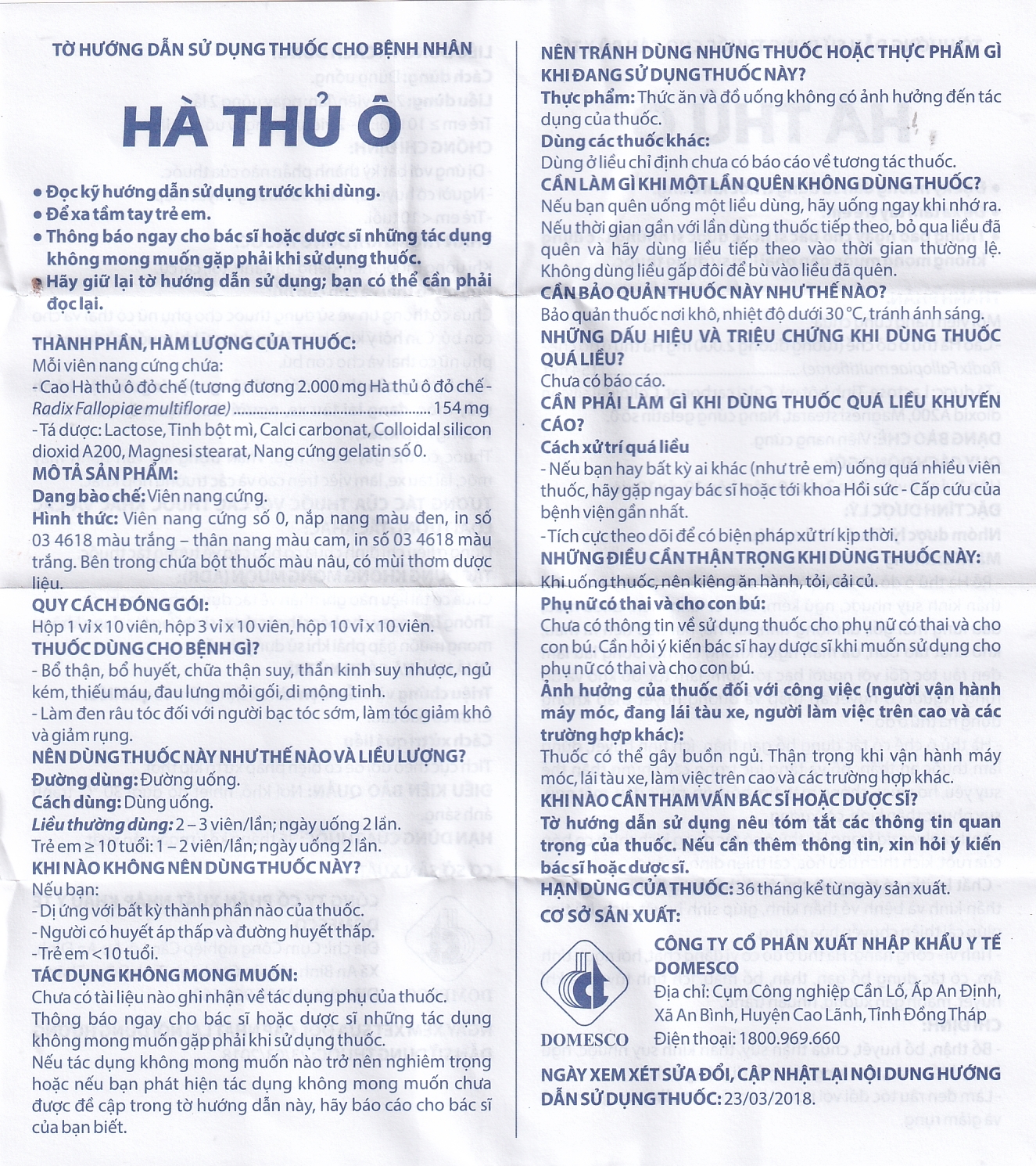 Thuốc Hà Thủ Ô Domesco bổ thận, bổ huyết, chữa thận suy (3 vỉ x 10 viên)
