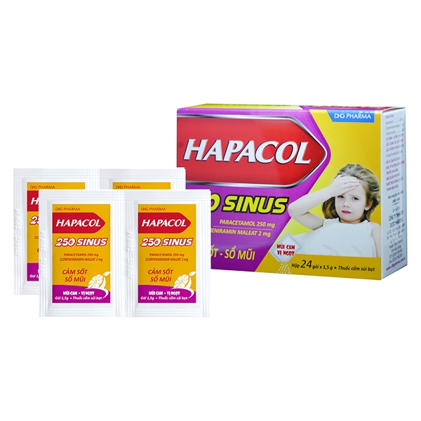 Cốm Hapacol 250 Sinus DHG điều trị cảm sốt, nhức đầu, đau nhức cơ bắp (24 gói)