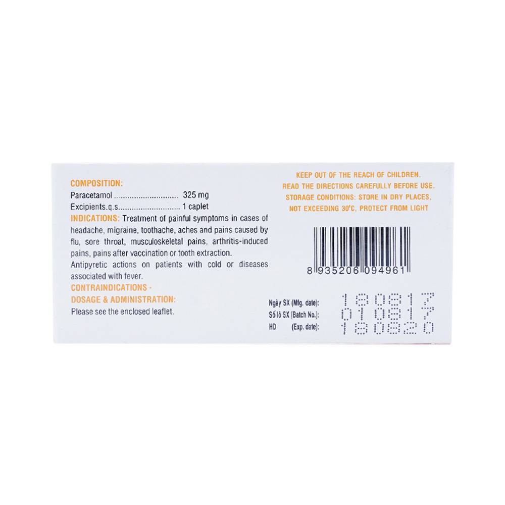 Thuốc Hapacol 325 DHG điều trị đau đầu, đau nửa đầu, đau răng (10 vỉ x 10 viên)