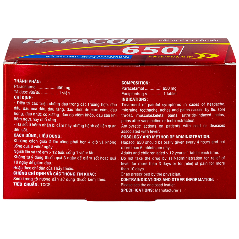 Thuốc Hapacol 650 DHG giảm đau, hạ sốt (10 vỉ x 5 viên)
