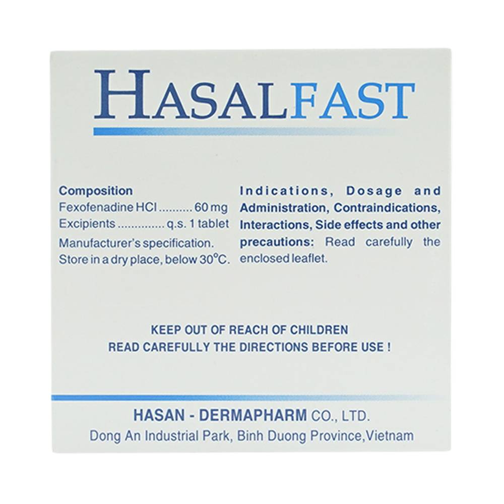 Thuốc Hasalfast Hasan điều trị viêm mũi dị ứng theo mùa, mày đay mạn tính vô căn (10 vỉ x 10 viên)