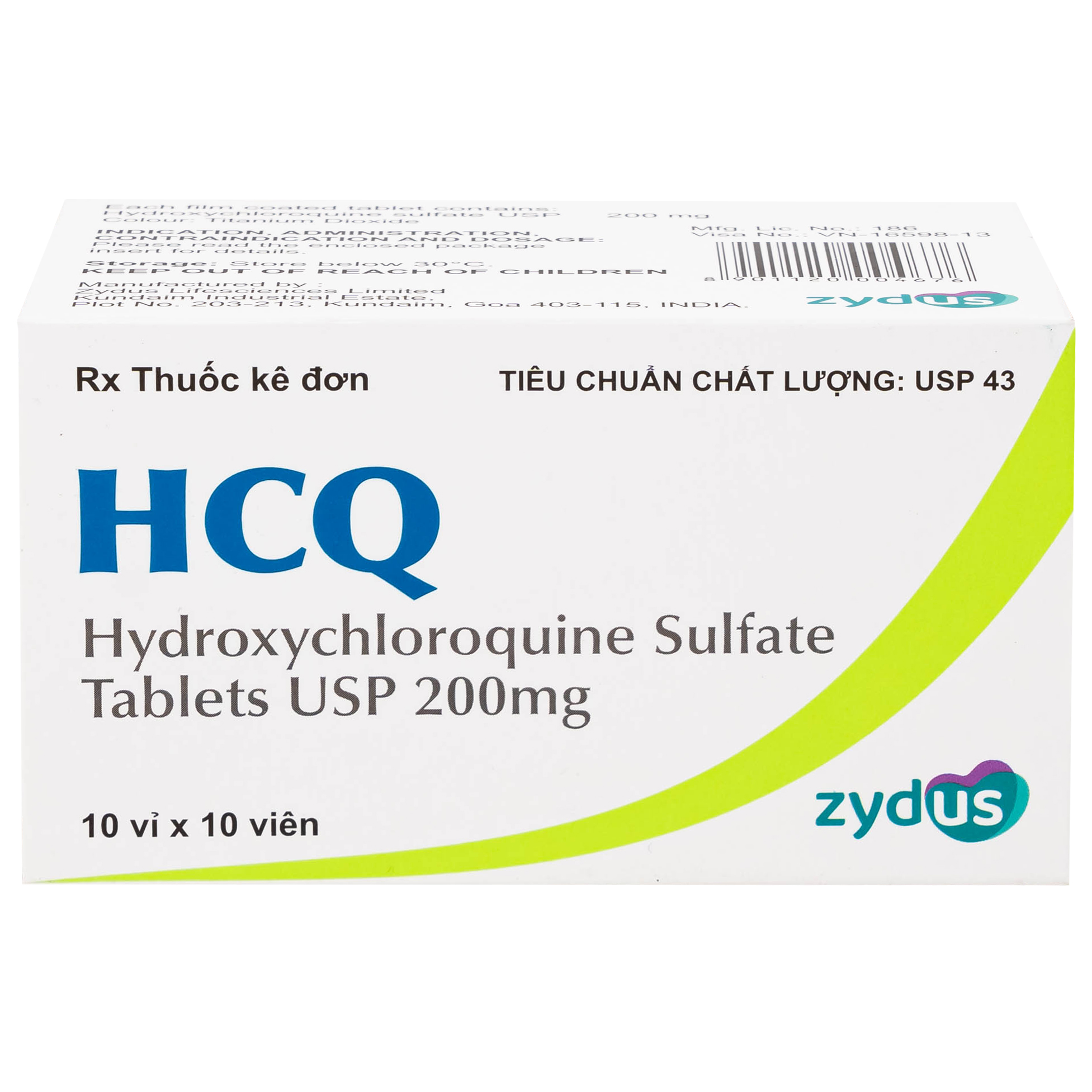 Thuốc HCQ 200mg Zydus phòng ngừa hoặc điều trị sốt rét cấp tính (10 vỉ x 10 viên)