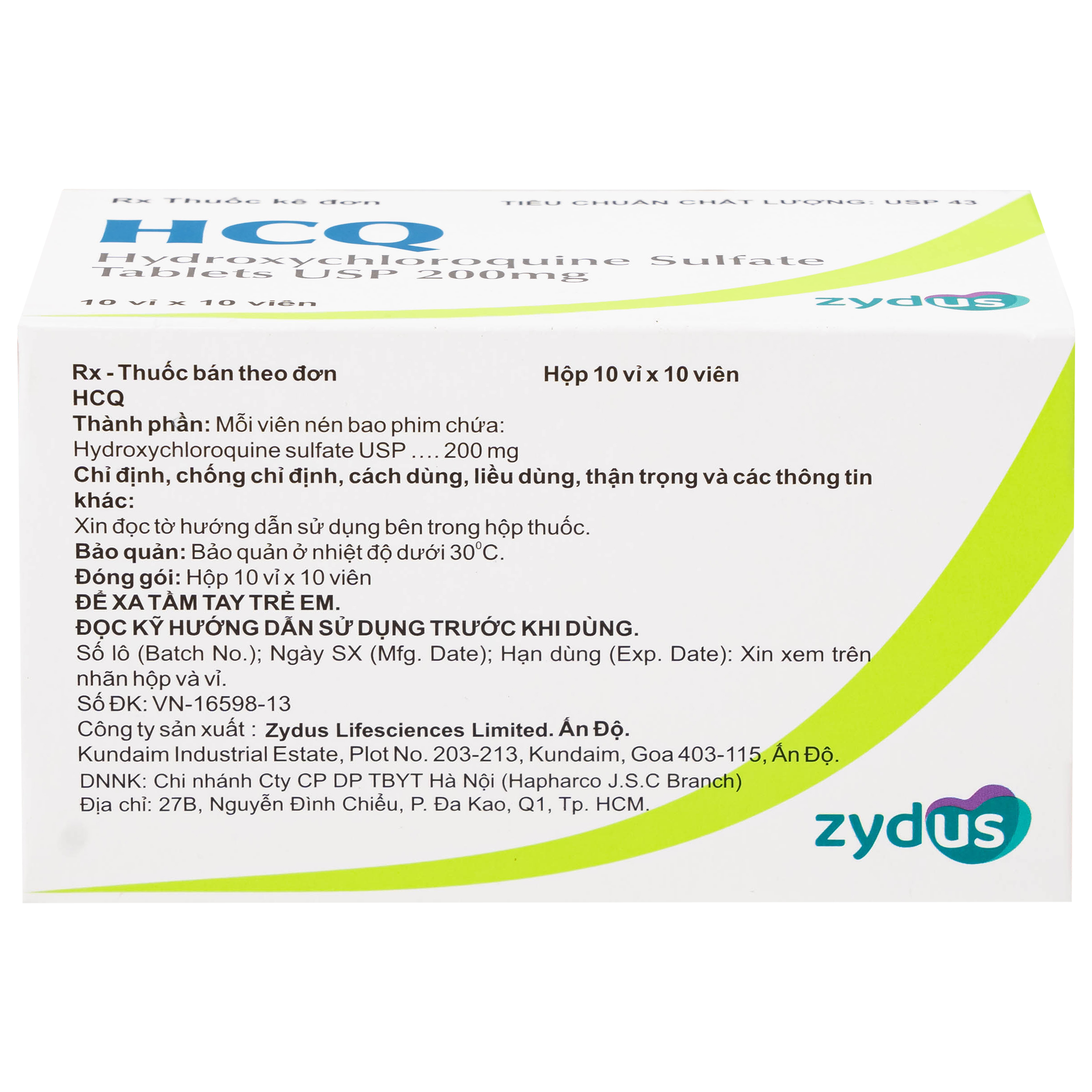 Thuốc HCQ 200mg Zydus phòng ngừa hoặc điều trị sốt rét cấp tính (10 vỉ x 10 viên)