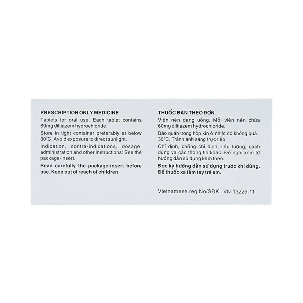 Thuốc Herbesser 60mg điều trị cao huyết áp vô căn, đau thắt ngực (10 vỉ x 10 viên)
