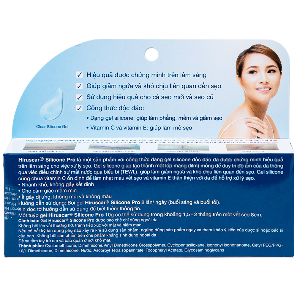Gel bôi Hiruscar Silicone Pro mờ sẹo mổ, to lồi phì đại (10g)