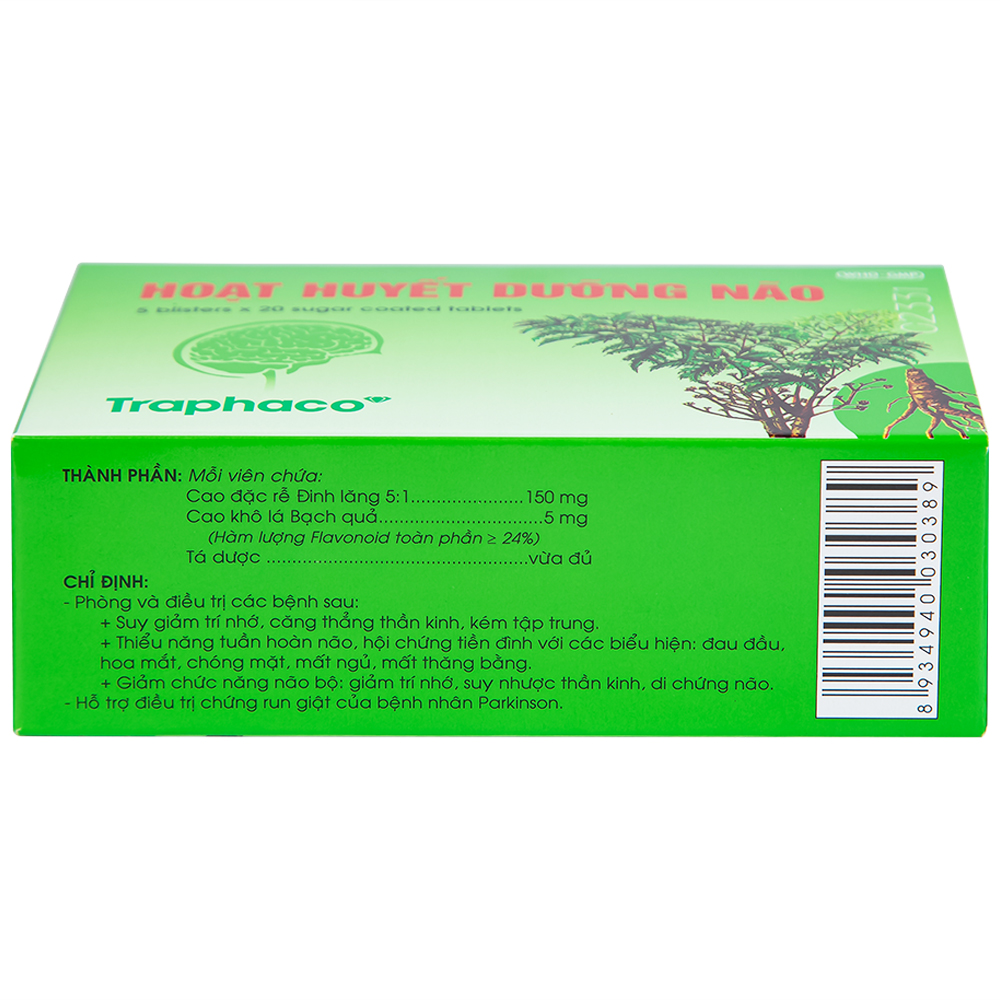 Thuốc Hoạt Huyết Dưỡng Não bao đường Traphaco điều trị suy giảm trí nhớ, căng thẳng thần kinh (5 vỉ x 20 viên)