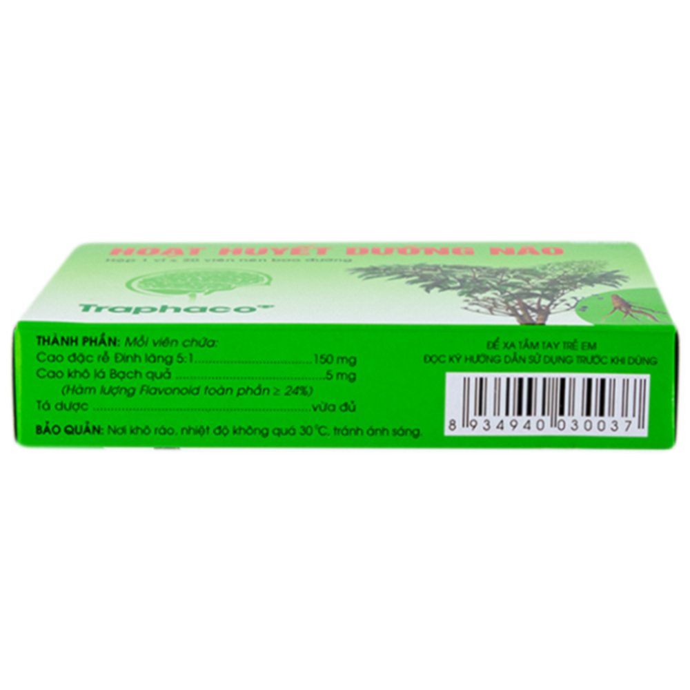 Thuốc Hoạt Huyết Dưỡng Não bao đường Traphaco điều trị suy giảm trí nhớ, căng thẳng thần kinh (1 vỉ x 20 viên)
