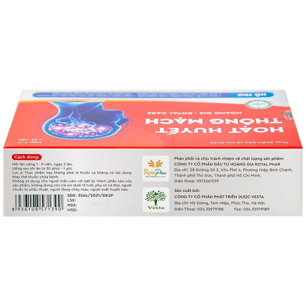 Viên uống giúp hoạt huyết, tăng cường tuần hoàn não Hoạt Huyết Thông Mạch Hoàng Gia Royal Care (3 vỉ x 10 viên)
