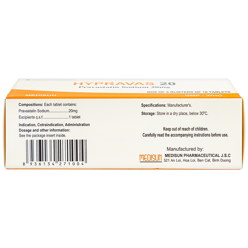 Thuốc Hypravas 20 Medisun điều trị tăng cholesterol máu, xơ vữa động mạch (6 vỉ x 10 viên)