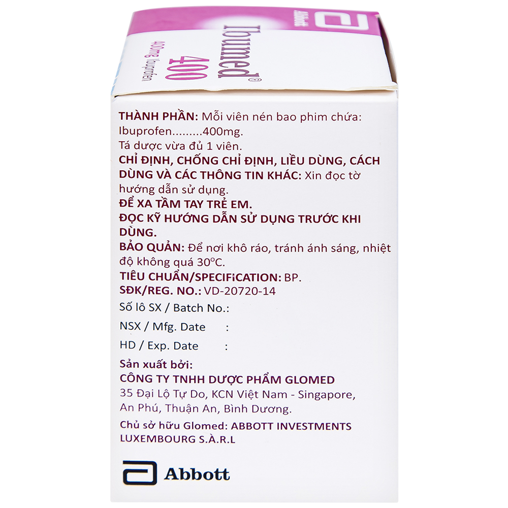 Thuốc Ibumed 400 Glomed giảm đau do cảm cúm, cảm lạnh, viêm khớp dạng thấp (10 vỉ x 10 viên)
