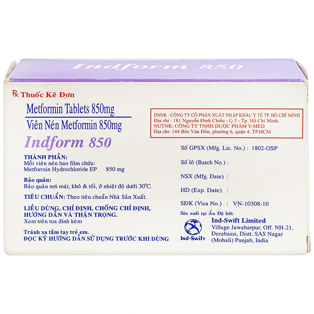 Thuốc Indform 850mg Ind-Swift  điều trị bệnh đái tháo đường (4 vỉ x 14 viên)