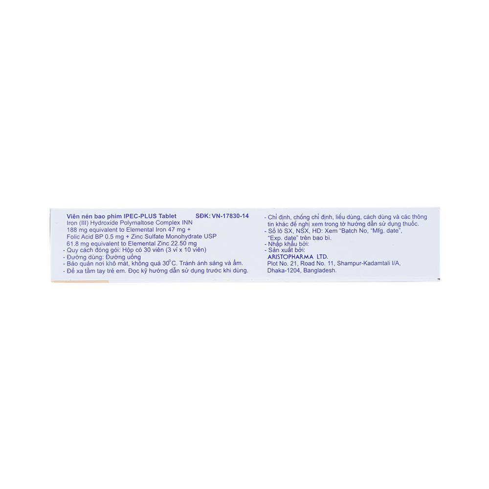 Thuốc Ipec-Plus Aristopharma điều trị thiếu sắt, acid folic và kẽm (3 vỉ x 10 viên)