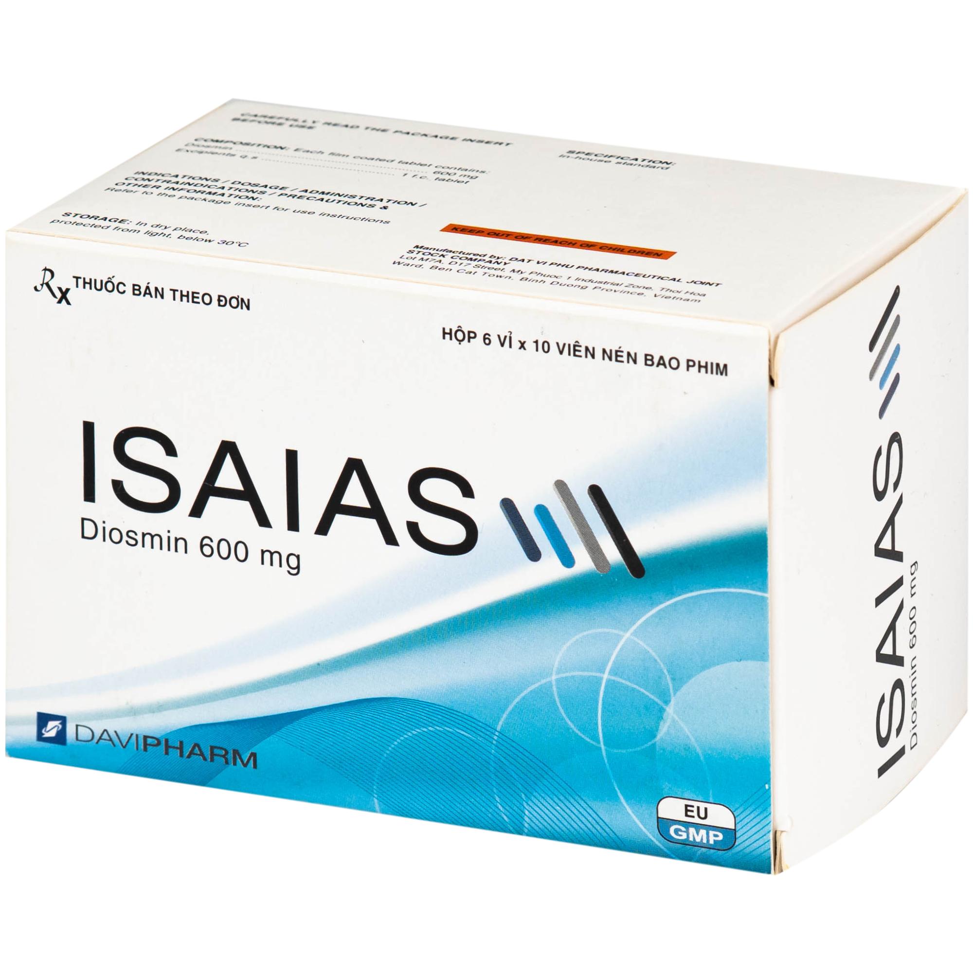 Thuốc Isaias 600mg Davipharm điều trị triệu chứng suy tuần hoàn tĩnh mạch mạn tính (6 vỉ x 10 viên)