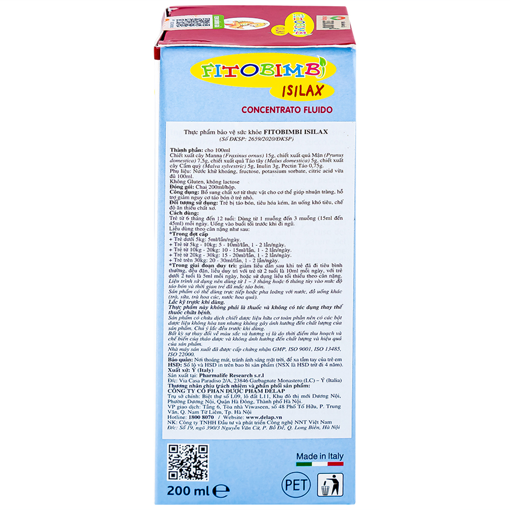 Siro hỗ trợ giảm nguy cơ táo bón ở trẻ Fitobimbi Isilax (200ml)