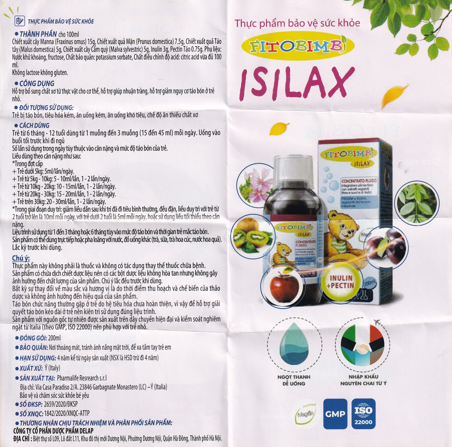 Siro hỗ trợ giảm nguy cơ táo bón ở trẻ Fitobimbi Isilax (200ml)