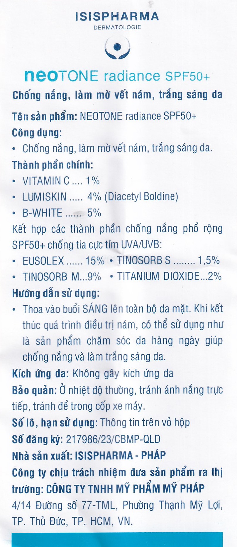 Kem chống nắng Isis Neotone Radiance SPF 50+ hỗ trợ mờ nám, làm trắng da (30ml)