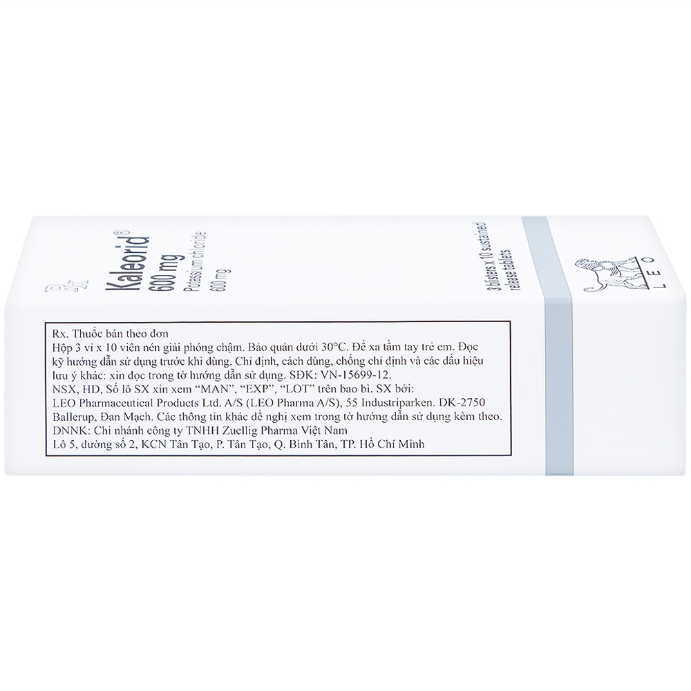 Viên nén Kaleorid 600mg LEO phòng ngừa và điều trị giảm kali huyết (3 vỉ x 10 viên) 